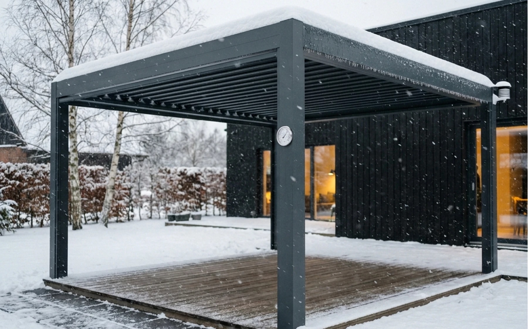 Pergolės stogas apkrautas sniegu, detalus inžinerinis kadras