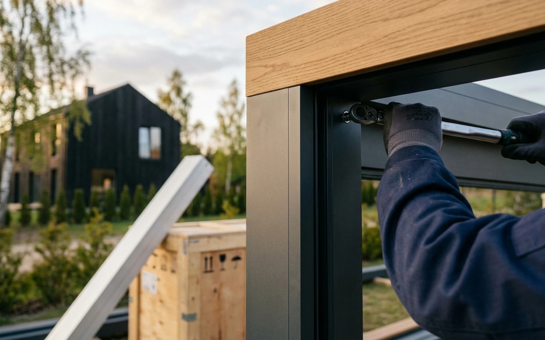 Montuotojai baigia įrengti pergolę prie juodai apkalto Baltijos namo