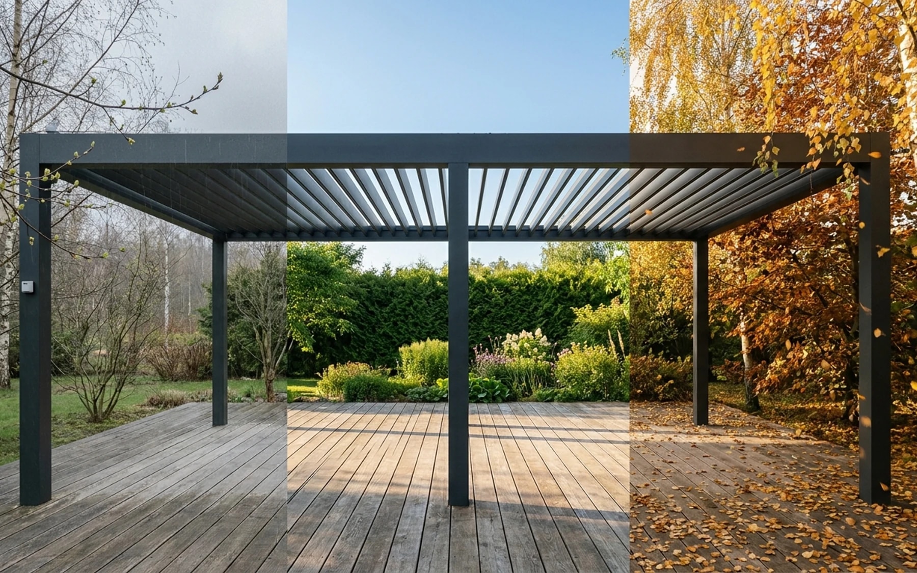 Bioklimatinė pergolė Baltijos sode auksinės valandos šviesoje