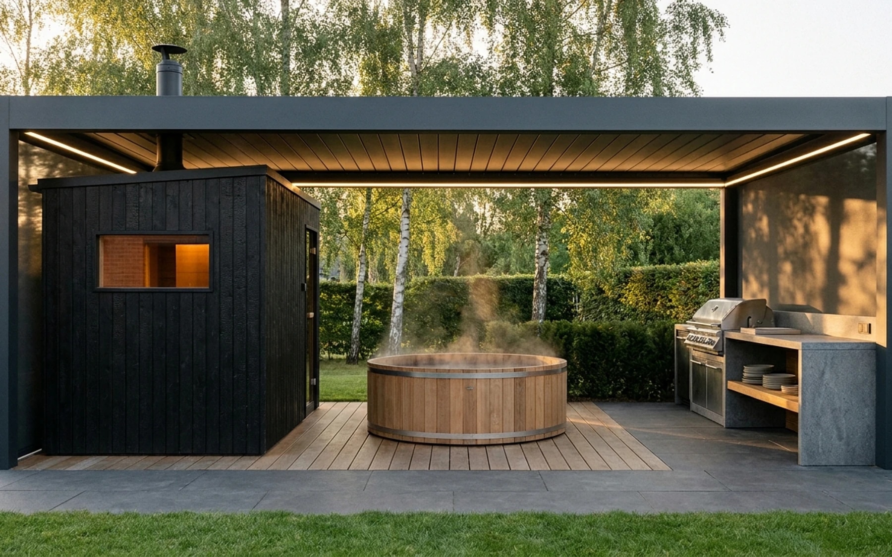Baltijos wellness sodas prieblandoje — pergolė, pirtis, kubilas vienoje linijoje